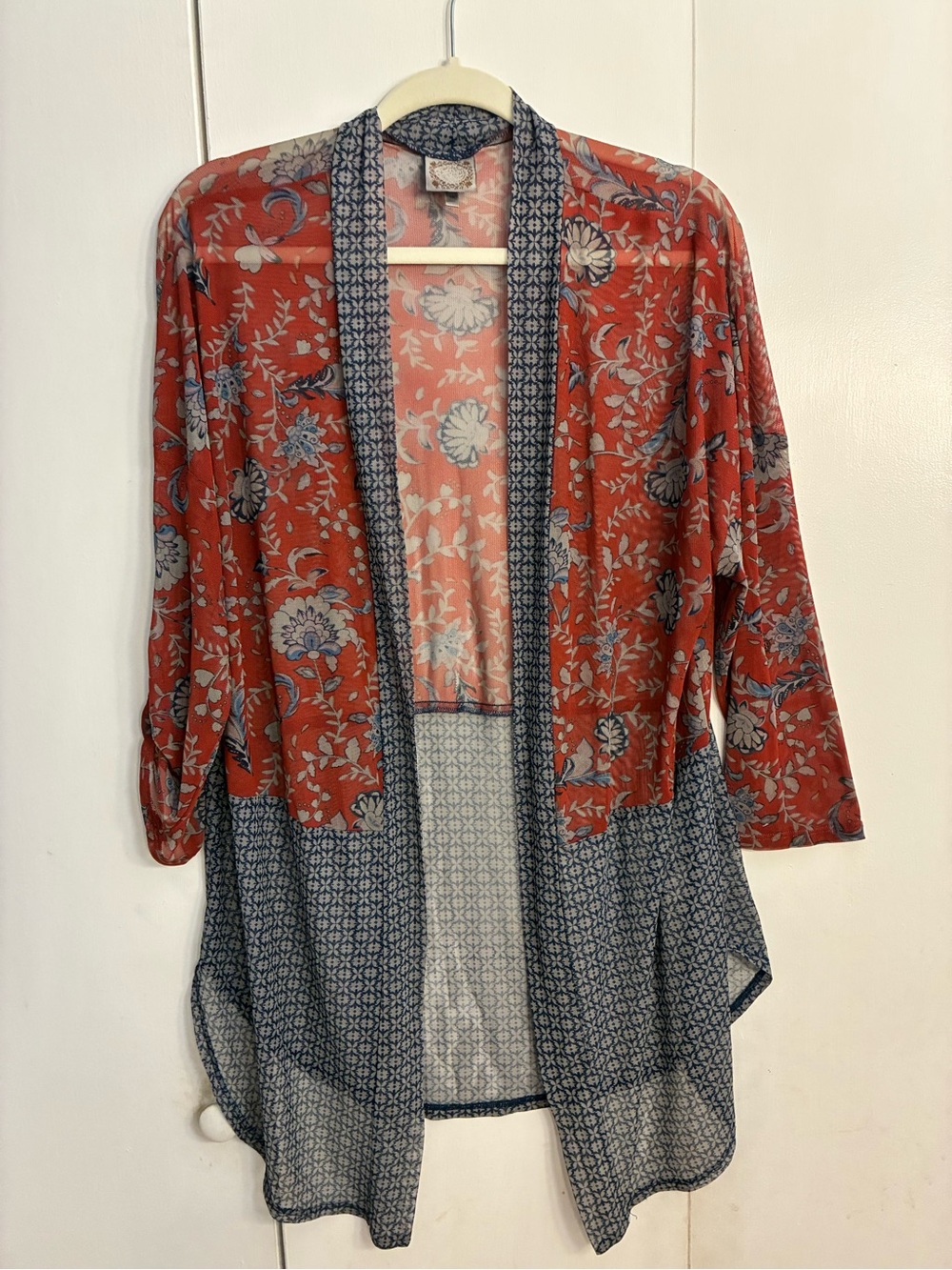 Truself Women Sheer MixedPrint Cardigan 1X RollTab Sleeves Boho Hippie Artsy